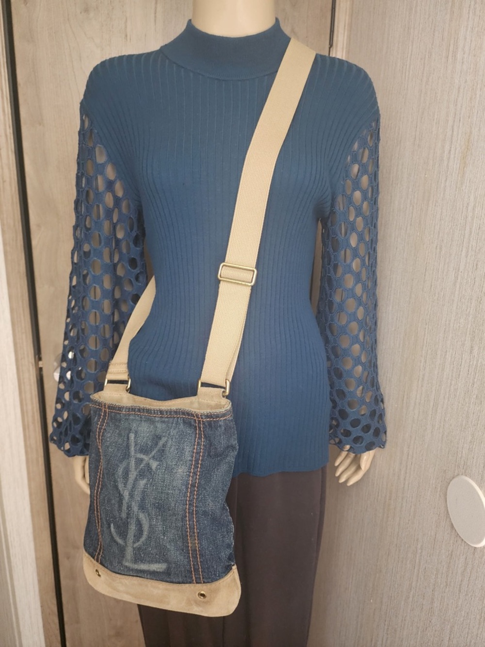 Yves Saint Laurent Denim and Cream Suede-Trim Crossbody Bag